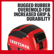 CRAFTSMAN tape measure with rugged rubber overmold for better grip and durability, partial product shown.