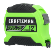 A high-visibility green and black Craftsman 12-foot tape measure with a gray locking button.