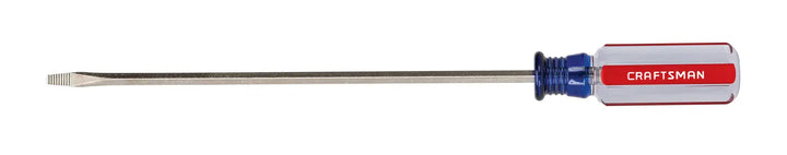 Photo of Craftsman CMHT65019 slotted screwdriver with a long steel shaft and red, clear, and blue handle, side angle.