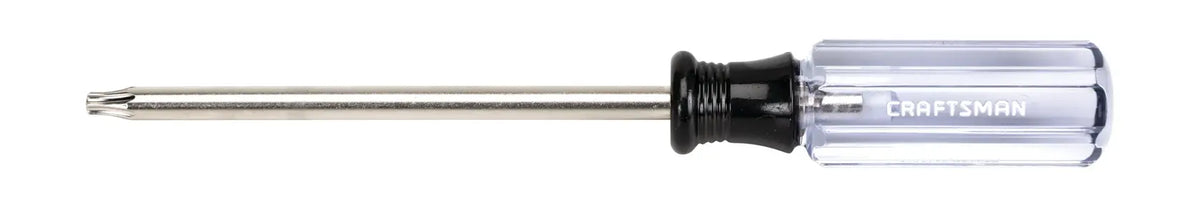 Photo of Craftsman CMHT65038 Phillips screwdriver with a clear handle and long metal shaft, side angle, white background.