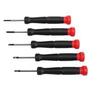 Craftsman CMHT65074 precision screwdriver set with black textured handles and red caps, five pieces, photography, side angle.