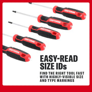 Five CRAFTSMAN screwdrivers with red handles, featuring easy-to-read size markings for quick identification.