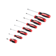 Photo of Craftsman screwdriver set with black and red handles, CMHT65138, front angle, white background.