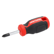 Craftsman stubby Phillips screwdriver CMHT65149, black and red handle, side angle photo.