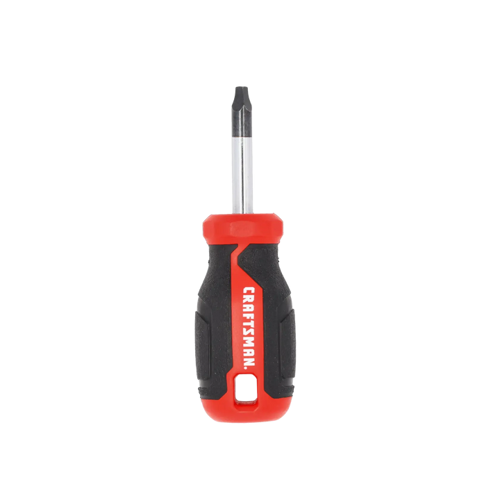 Front view photo of Craftsman stubby Phillips screwdriver, red and black handle, SKU CMHT65171.