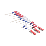 Craftsman CMHT65180 screwdriver and bit set, red and blue handles, top view, with bit holders.
