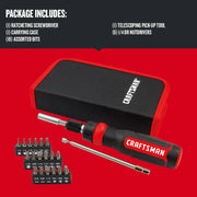 Craftsman CMHT68001 ratcheting screwdriver set with black-red carrying case and assorted bits, front angle.