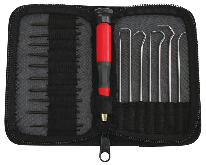 Photo of Craftsman CMHT68002 precision screwdriver and pick set in black zippered case, shown from top view.