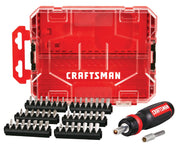Craftsman CMHT68017 ratcheting screwdriver set with red transparent storage case, multiple bits and magnetic handle, front angle.
