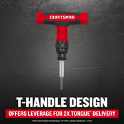 Photo of CRAFTSMAN CMHT68135 T-handle screwdriver with red and black grip, shown against dark background.