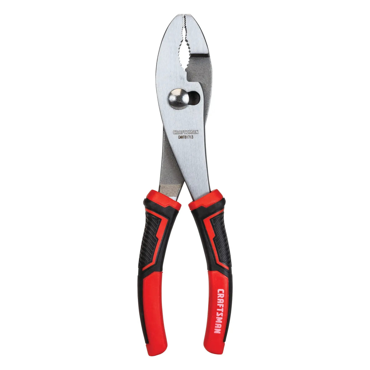 Craftsman adjustable groove joint pliers with red and black handles, front angle, CMHT81713.