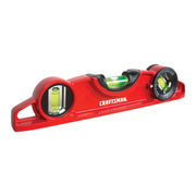 Photo of Craftsman red torpedo level CMHT82391 with three vials, black accents, and adjustable angle dial, side view.