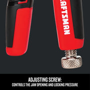 Photo of Craftsman plier handle with adjusting screw detail, SKU CMHT82549, close-up on black background.