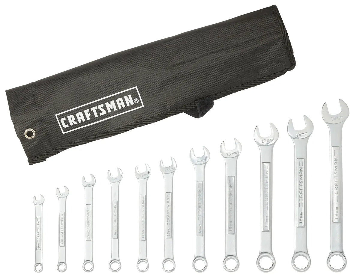 CRAFTSMAN CMMT10947 wrench set with 12 metric combination wrenches and black storage pouch, top view.
