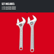 Photo of Craftsman adjustable wrench set, CMMT12002, 10 in. and 12 in. sizes, front view on red background.