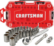 Photo of Craftsman socket and ratchet set with red case, SKU CMMT12028, front angle view.