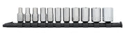 CRAFTSMAN CMMT12040 socket set with 11 chrome sockets on black rail, straight-on angle, white background.