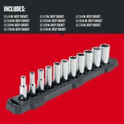 Photo of Craftsman deep socket set CMMT12044 with twelve chrome sockets in holder, angled front left on white background.