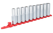 Craftsman CMMT12049 chrome socket set on red rack, angled view, photography of tool set.