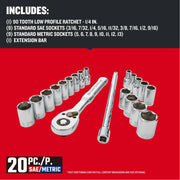 Craftsman CMMT12108 20-piece SAE/metric socket set with ratchet and extension bar, front angle on white.