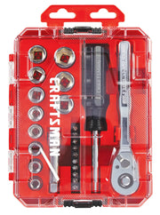 A red and transparent plastic case containing a set of assorted tools including sockets, a ratchet, a screwdriver, and various bits. The brand name 'CRAFTSMAN' is visible inside the case.