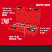 Craftsman 3/8 in. drive mechanics tool set CMMT12113 in red blow mold case, open angle showing chrome sockets.