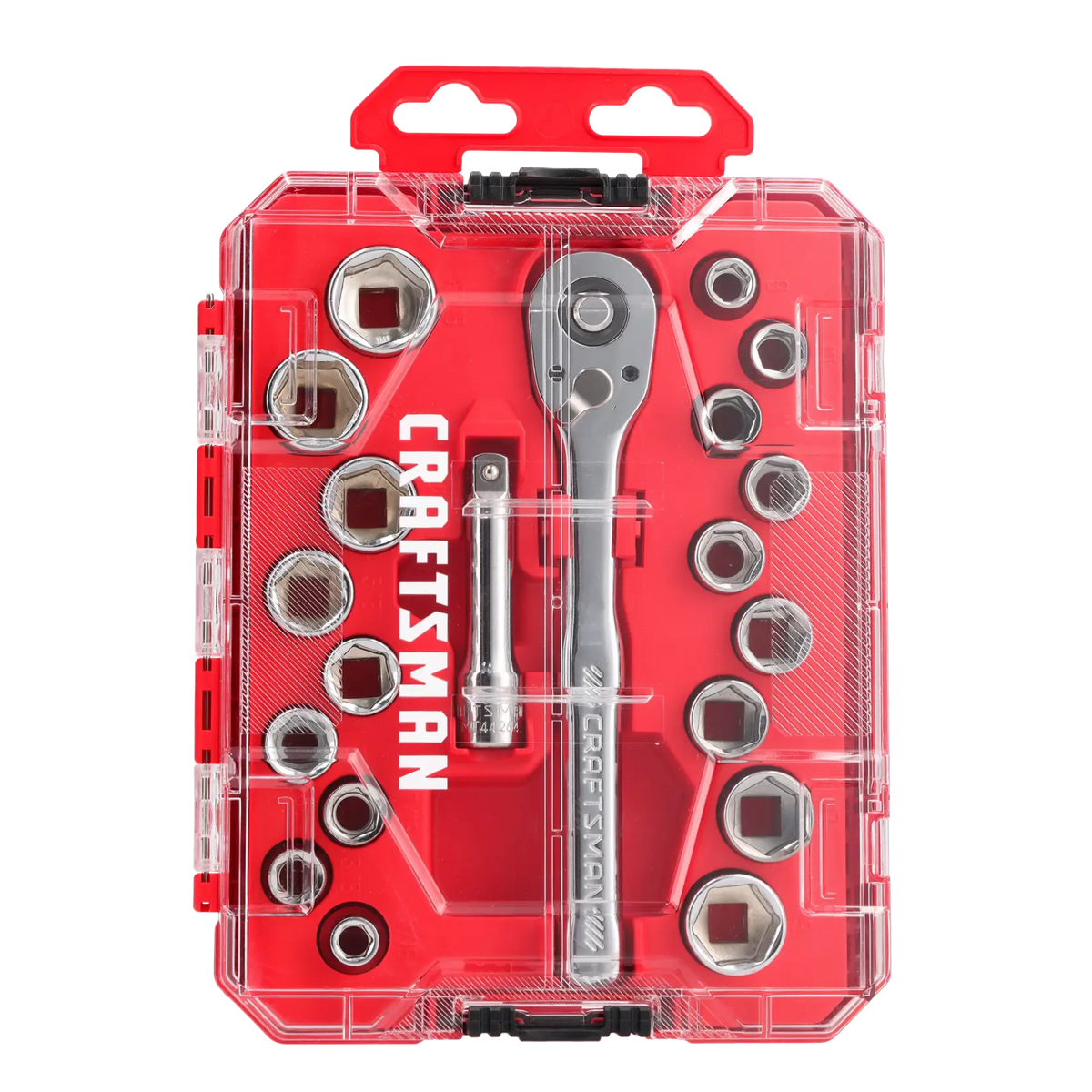 Photo of Craftsman CMMT12114 socket wrench set in red case, top-down angle, showing sockets, ratchet, and extension.