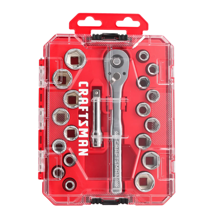 Photo of Craftsman CMMT12114 socket wrench set in red case, top-down angle, showing sockets, ratchet, and extension.