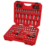 Photo of Craftsman red tool set with sockets, ratchets, and hex keys in open case, CMMT12123, angled view.