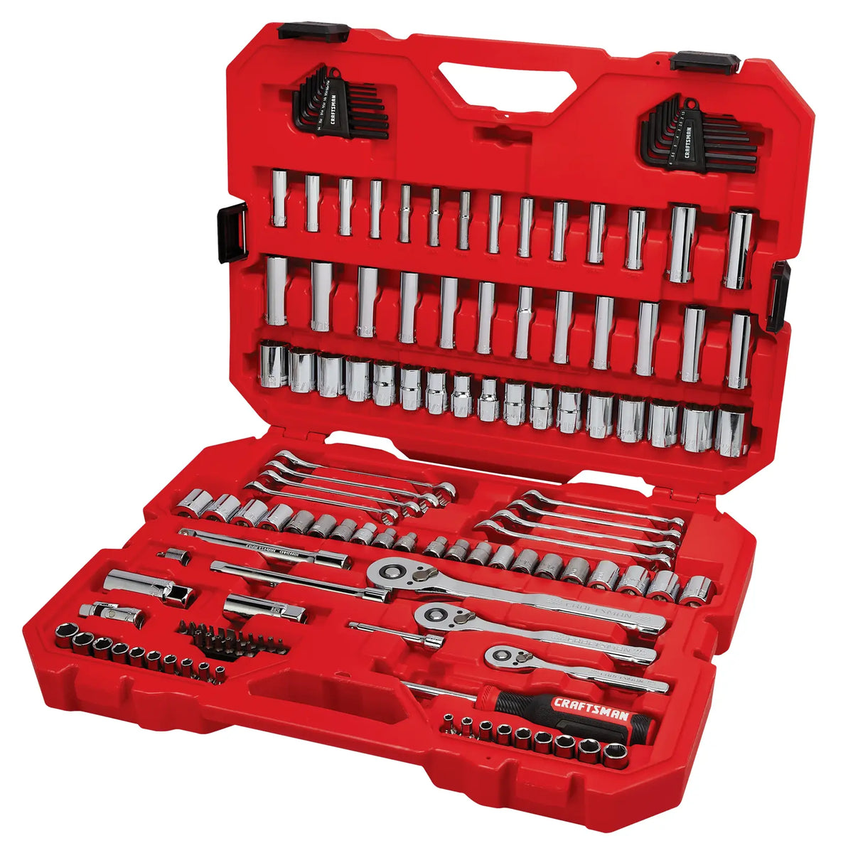 Photo of Craftsman red tool set CMMT12124L with assorted sockets, wrenches, ratchets, and hex keys in open case.