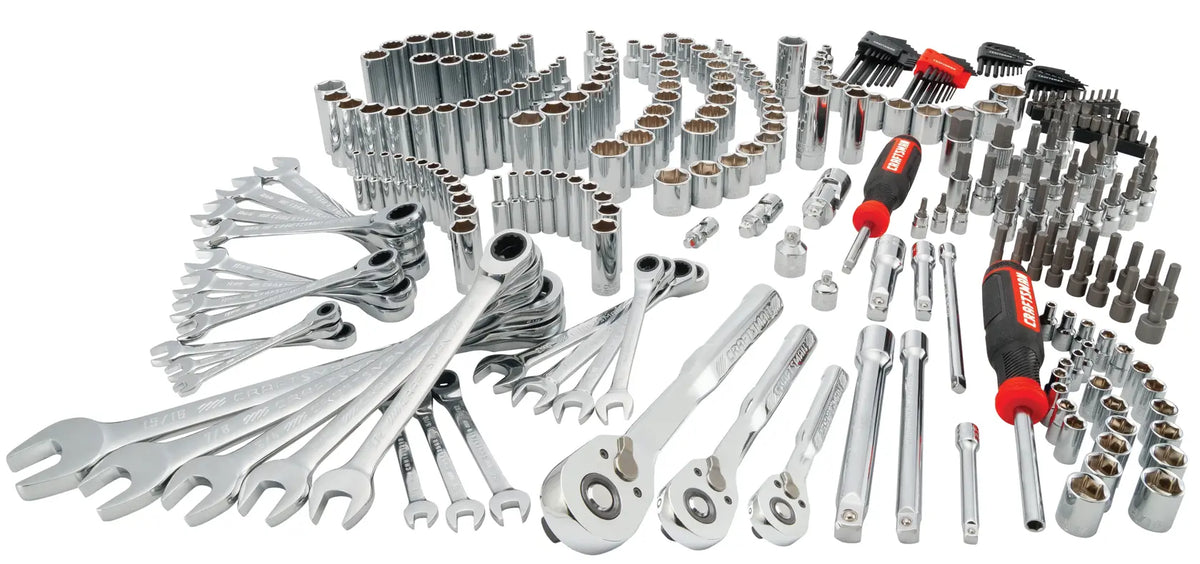 CRAFTSMAN CMMT12139 mechanics tool set with wrenches, sockets, screwdrivers, photographed from above.
