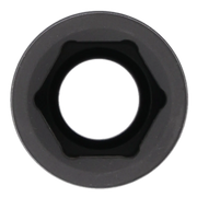 Close-up top view of a hexagonal socket tool, designed for use with a socket wrench. The socket has a circular outer shape and a hexagonal inner opening.