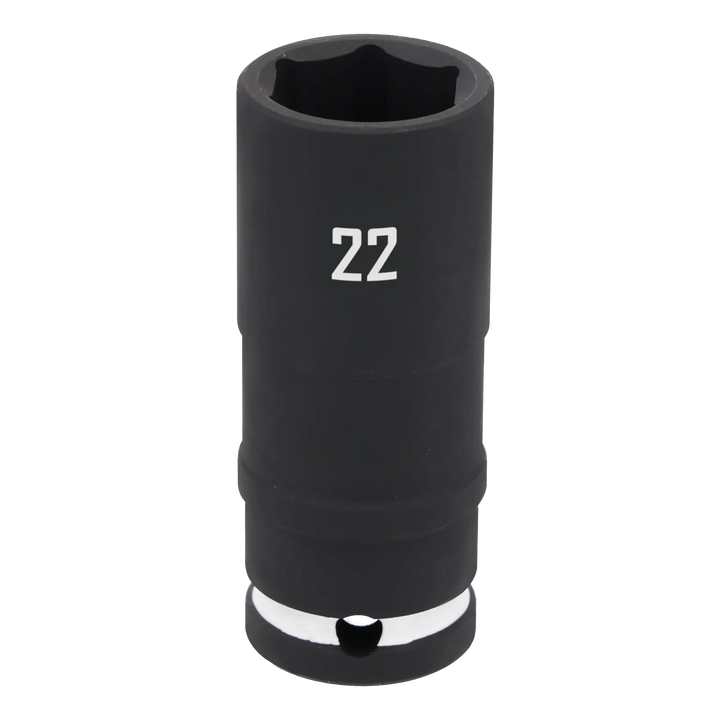 A close-up image of a black Craftsman socket with the number 22 printed on the side, designed for use with a ratchet or wrench.