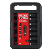 A CRAFTSMAN branded 12-piece deep impact socket set in a black hard plastic case. The set is labeled for 1/2 inch drive and includes sockets of various SAE sizes arranged neatly in the case. The product packaging features red, black and white colors and displays socket specifications.