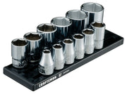 Photo of Craftsman socket set on black tray, chrome finish, SKU CMMT17330V, angled view, tool photography.