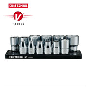 Photo of Craftsman socket set on black rail with CMMT17330V, 11 chrome sockets displayed, V Series branding above.