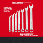 Craftsman CMMT21085 wrench set with chrome finish, large size markings, 7 wrenches on red background, front angle.
