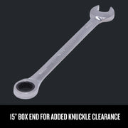 Craftsman chrome combination wrench with 15° box end, photo angled, SKU CMMT39239, tool graphics.