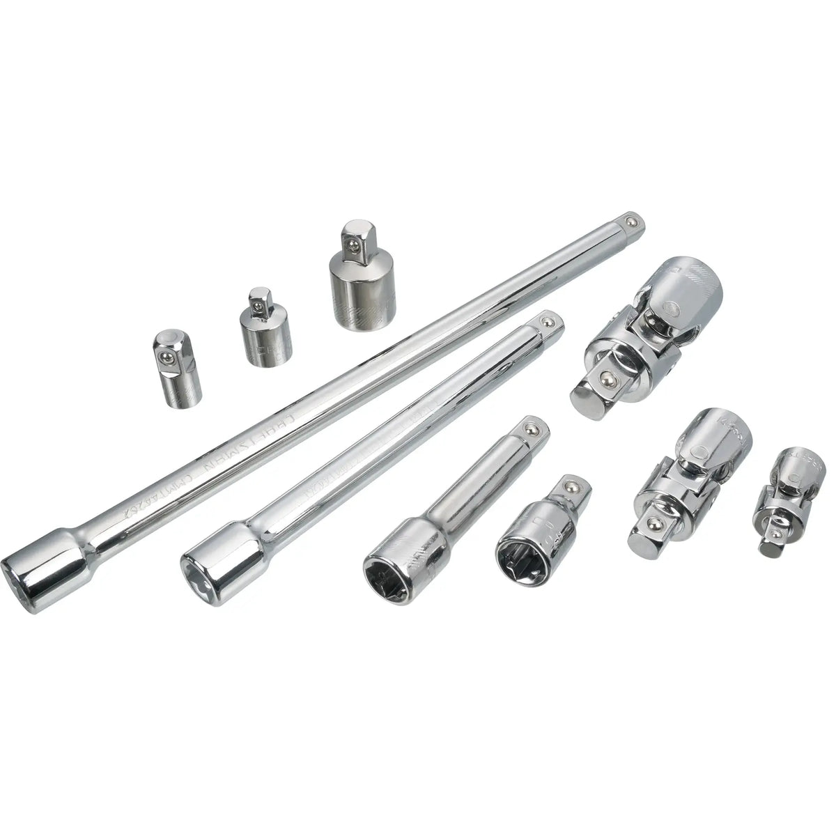 CRAFTSMAN CMMT42351 chrome socket accessory set including extensions and adapters, flat lay, white background.