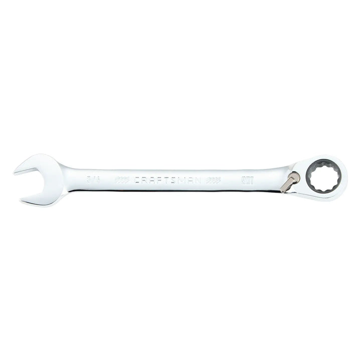 Craftsman CMMT42419 chrome ratcheting combination wrench with open end and ratchet box end, side angle, white background.