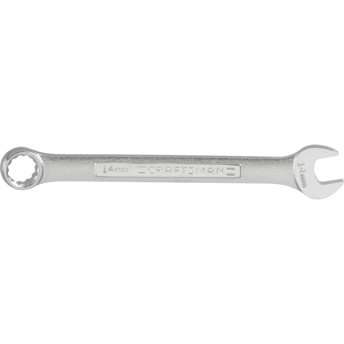 Photo of CRAFTSMAN 14mm combination wrench CMMT42918, silver finish, top view on white background.