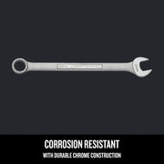 Photo of Craftsman 26mm combination wrench CMMT42932, silver chrome finish, corrosion resistant, front angle.