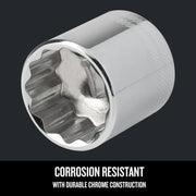 Photo of CRAFTSMAN chrome socket, SKU CMMT44339, corrosion resistant, angled on white background.
