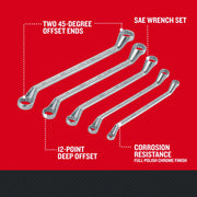 Photo of CRAFTSMAN SAE wrench set CMMT44349, five chrome wrenches with 45-degree offset ends and 12-point deep offset.
