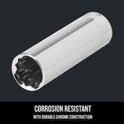Photo of CRAFTSMAN chrome socket, SKU CMMT44418, graphics category, showing corrosion resistant finish, angled view.
