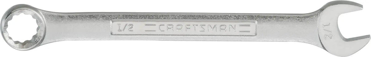 Photo of Craftsman CMMT44695 combination wrench, silver, 1/2 inch size, flat angle on white background.