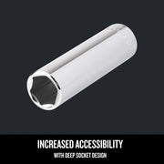 Craftsman chrome deep socket, SKU CMMT45933, angled view on white background, deep design for increased accessibility.