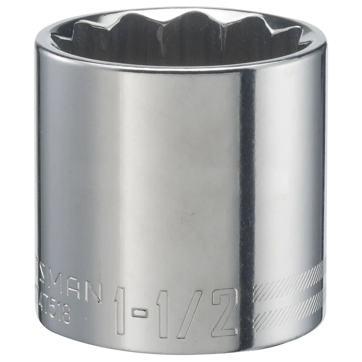 Photo of CRAFTSMAN 1-1/2 inch chrome socket, model CMMT47518, front angle on white background.
