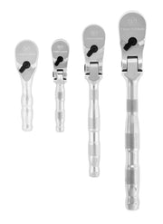 Photo of four Craftsman ratchets, chrome finish, knurled handles, SKU CMMT86507V, tool set, front view on white background.