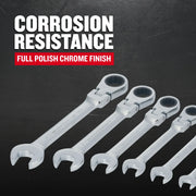 Photo of Craftsman ratcheting wrenches set, chrome finish, corrosion resistant, SKU CMMT87009 on dark background.
